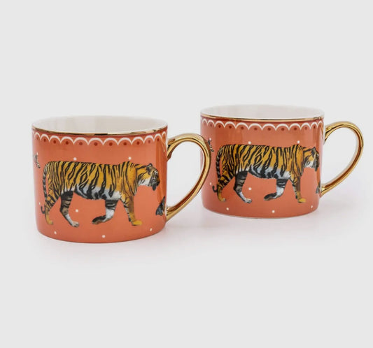 Set of Two Tiger Peach Straight Sided Mugs with Gold Handles