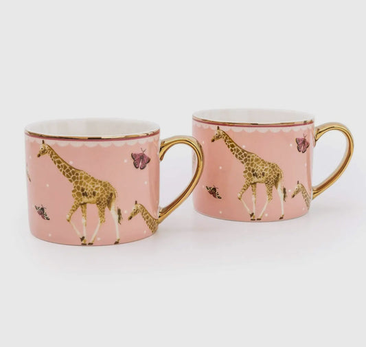 Set of Two Giraffe Pink Straight Sided Mugs with Gold Handles