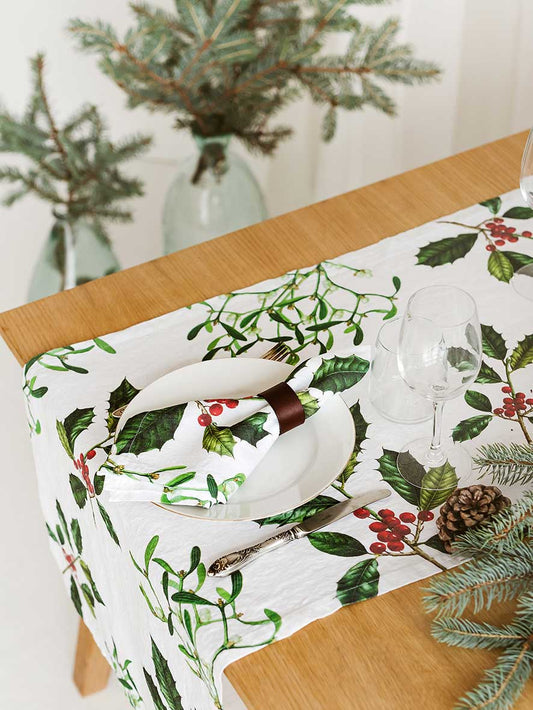 Holly & Mistletoe Christmas Table Runner Linoroom