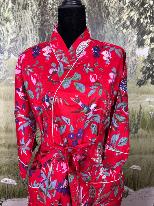 Cotton Kimono Dressing Gown Robe -Red Tropical Birds Print