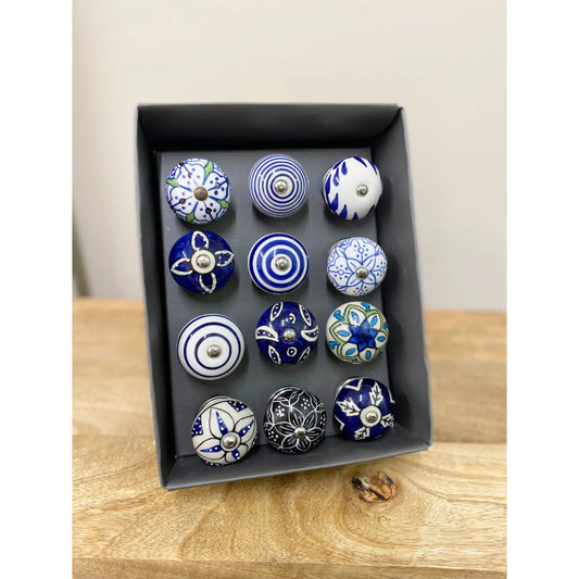 Set of 12 Ceramic Blue Round Knobs
